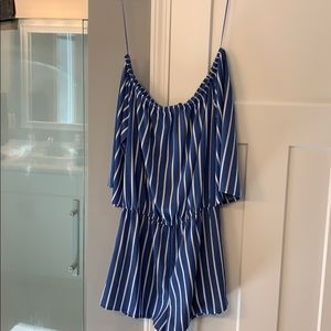 Blue and White Striped Off The Shoulder Romper